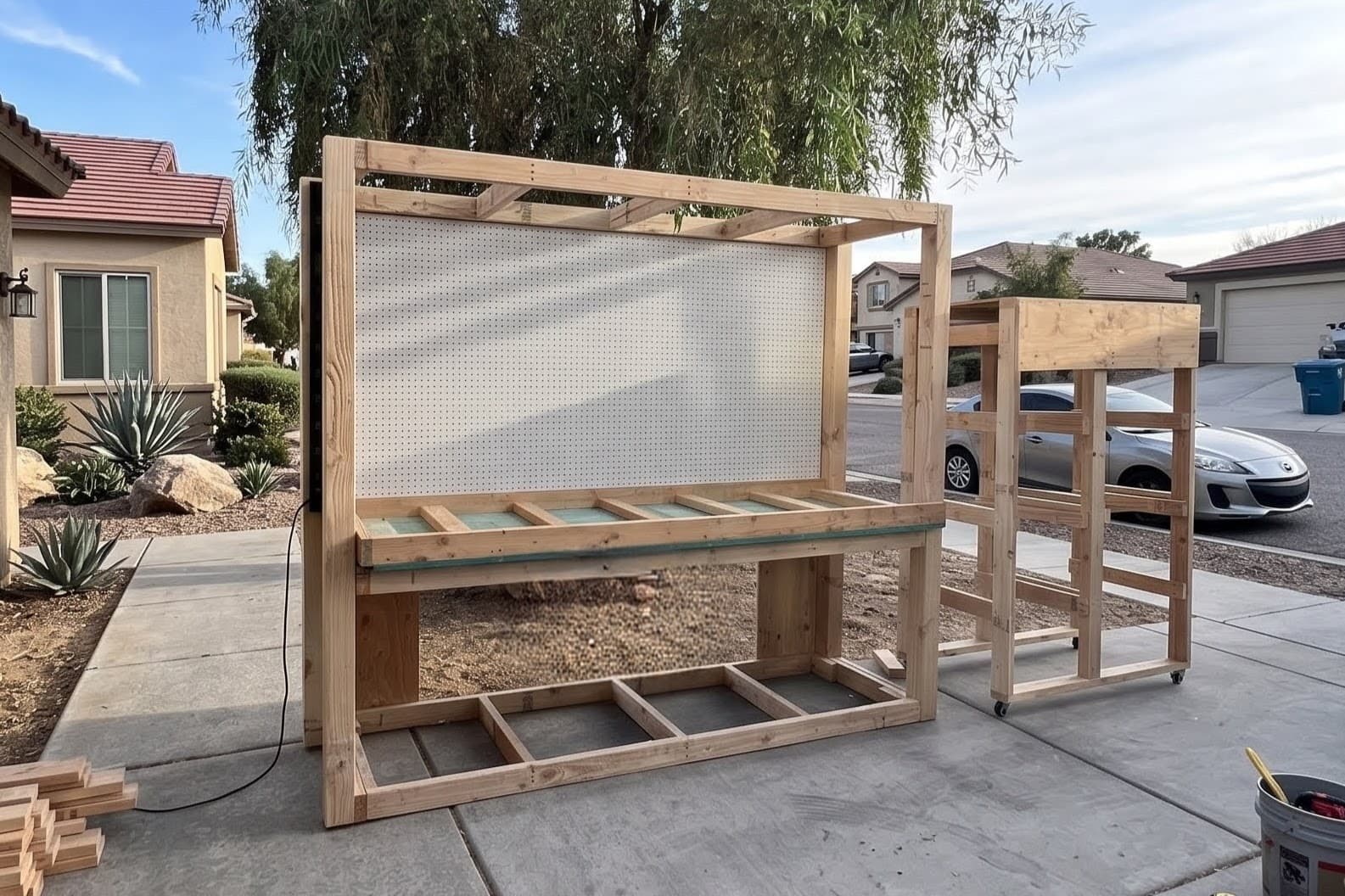 Custom wood garage workbench and mobile storage rack